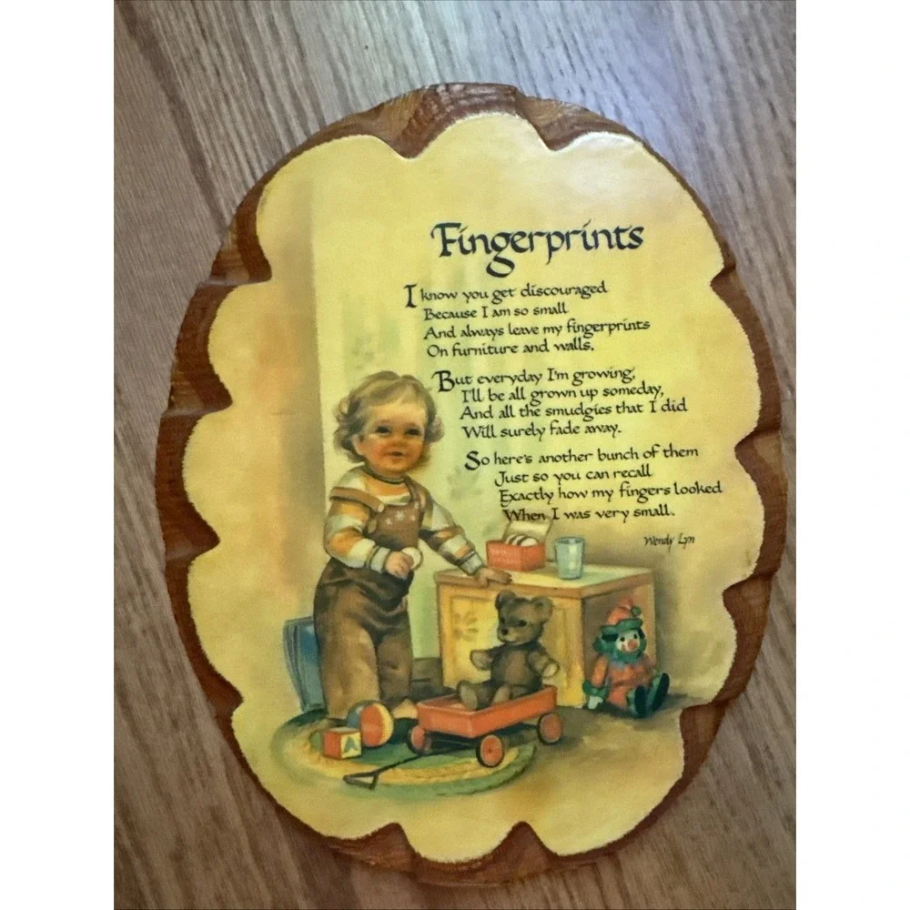 Vintage 1970s Wendy Lyn Fingerprints Poem Wood Wall Plaque Nursery Decor